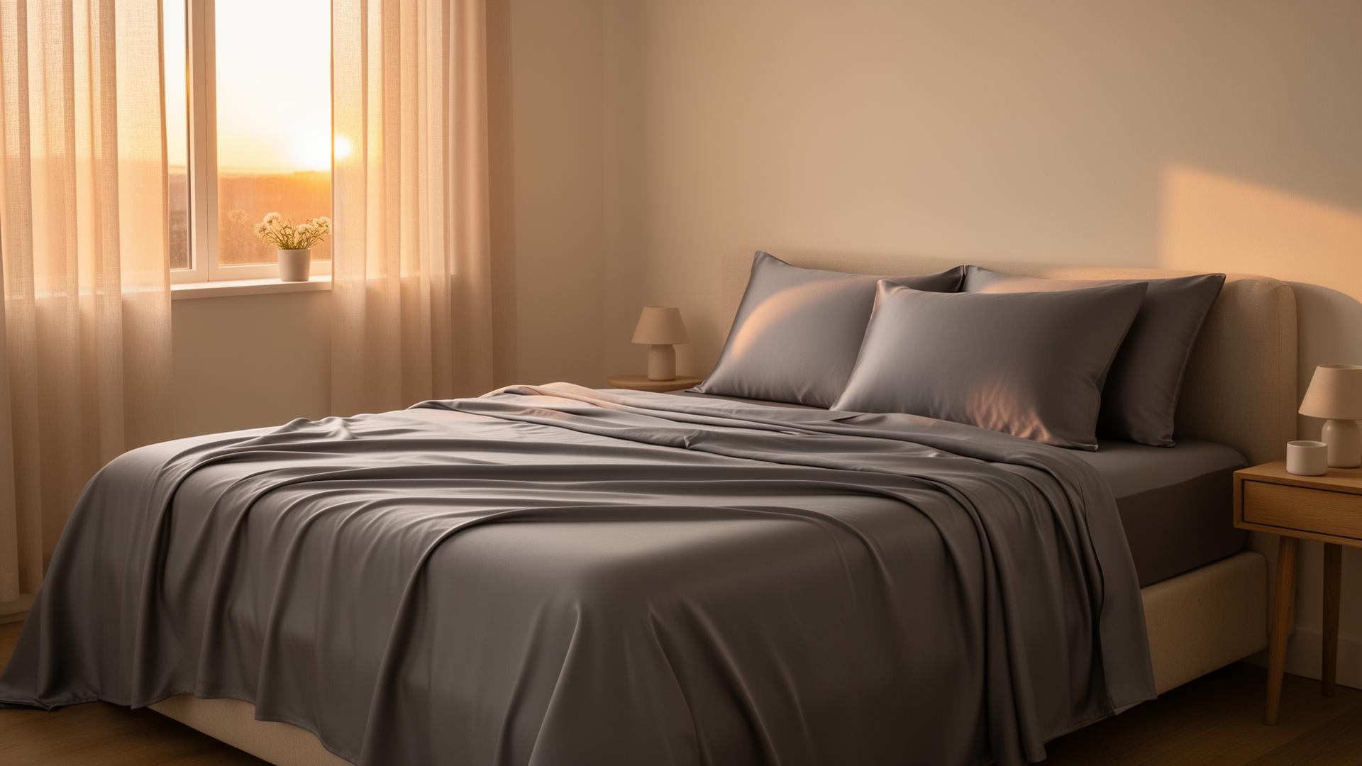 Bedroom dressed with silver-infused bamboo sheet set at golden hour.
