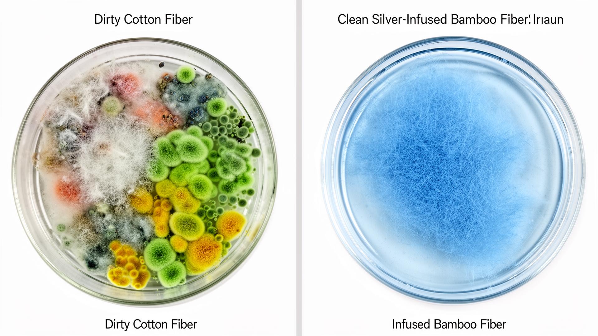 Microscope comparison of fiber samples after fourteen days of use — cotton on left shows visible bacterial colonies, silver-infused bamboo on right appears clean.